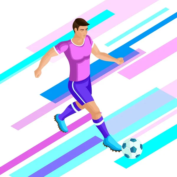 Isometrics fotbollspelare på en ljus bakgrund av. Fotbollsspelare. Spela fotboll, körs spelet, attackerar. Färgglada begreppet den — Stock vektor
