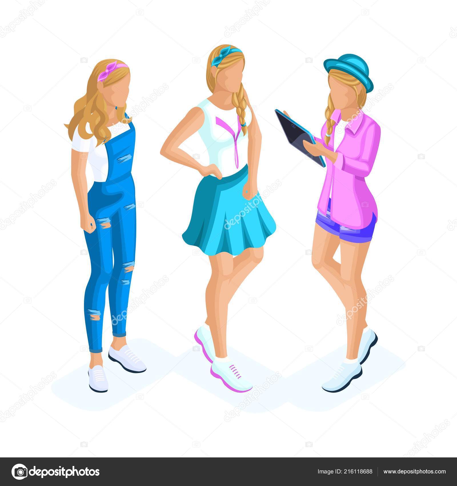 Isometrics Of Teenage Girls Generation Z With Gadgets Stylish