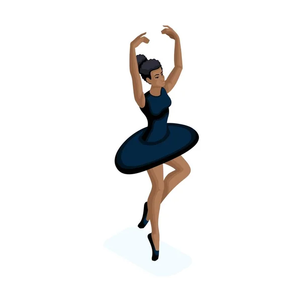 Chica isométrica es afroamericana, ella está practicando gimnasia, bailarina, cultura diferente, nacionalidad, edad joven — Vector de stock