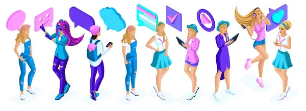Isometry a large set of adolescent girls, generation Z, communication icons, gadgets, video on the Internet, social networks — Stock Vector