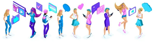 Isometry gran conjunto de chicas adolescentes, generación Z, iconos de la comunicación, gadgets, vídeo en Internet, redes sociales — Vector de stock