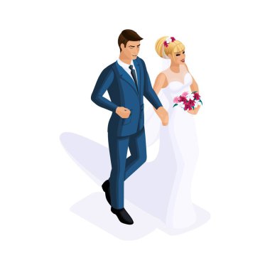Bir erkek ve bir kadın, evlilik, Gelin ve damat, gelinlik isometry. Erkek takım, çiçekli kız