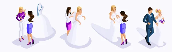 Isometry de um homem e uma mulher no casamento, a noiva e o noivo, preparação para o casamento, montagem do vestido, oficina de costura, belo traje da noiva —  Vetores de Stock