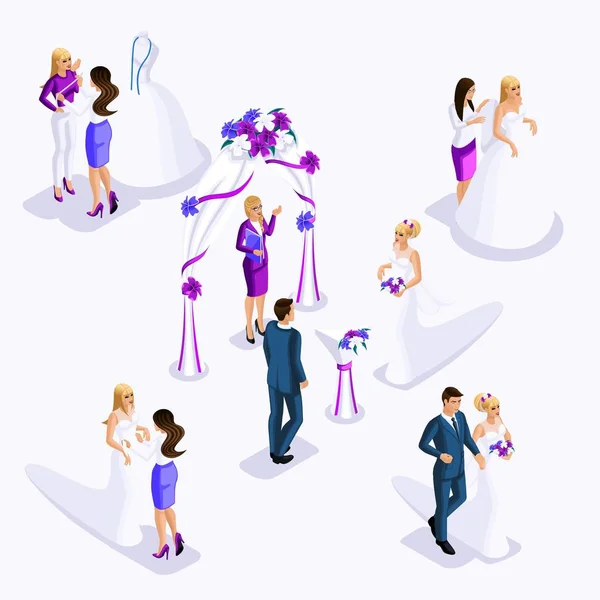 Isometrier är ett exit bröllopsceremoni, bruden och brudgummen. förberedelse av bruden för bröllopet, sy verkstad design klänningar, dyra atelier — Stock vektor