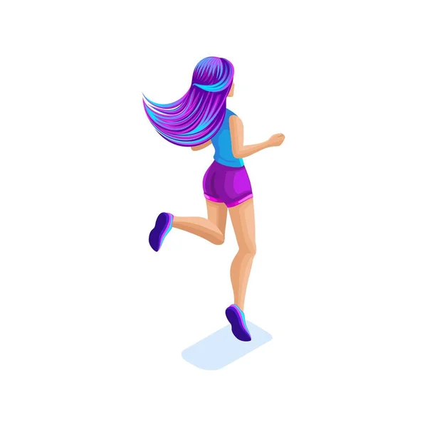 Isométrica menina pulando, se divertindo, se divertindo com cabelos coloridos, o conceito de cabelo brilhante mágico, penteado de moda criativa, visão traseira — Vetor de Stock