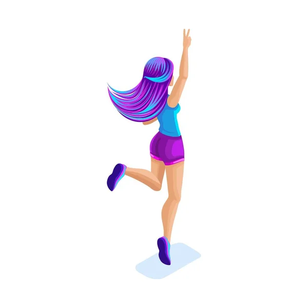 アイソメ図少女ジャンプ、楽しい、明るい髪、魔法の髪、クリエイティブなファッション髪型、リアビューの概念と幸せ — ストックベクタ