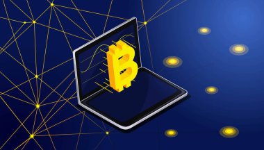 İsometry bitcoin--dan laptop monitör ekranında uçar. Bitcone blok, blockchain, vektör arka plan soyut resim çıkarma