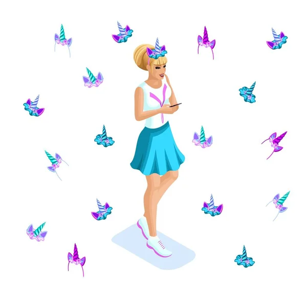 Isometric girl design beauté, adolescent, génération de Z, couleurs vives de vêtements et de cheveux, coloré, arc-en-ciel, de nombreux accessoires de licornes, cornes, design moderne — Image vectorielle