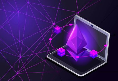 İsometry simgesi Blockchain Ethereum kripto para birimi ağ, analistler ve kripto başlamak yukarıya, dizüstü bilgisayar, renkli arka plan üzerinde çalışan yöneticisini