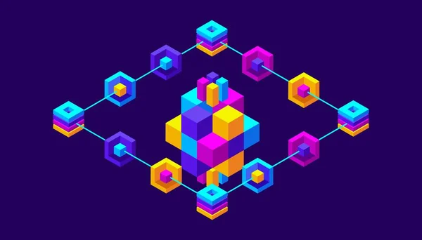 Isometry icon Blockchain Crypto Currency Network, colorful background — Stock Vector