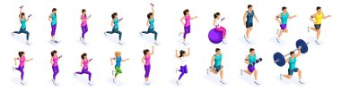 İzometrik çalışan insanlar, sporcular, erkekler ve kızlar spor giyim büyük set. Spor ve beslenme, sağlıklı yaşam tarzı