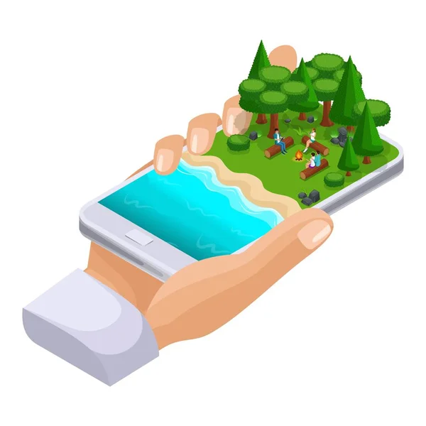 Isometric concept of outdoor recreation, shore of the lake, friends vacation on weekends, bbq, nature, forest, bonfire.