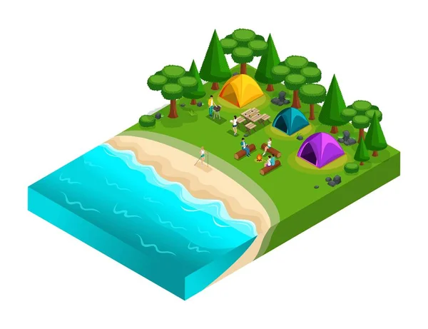 Isometric of camping, friends on vacation, fresh air, picnic, on the nature, forest, sea, beach, shore of the lake, river bank, camp — Stock Vector