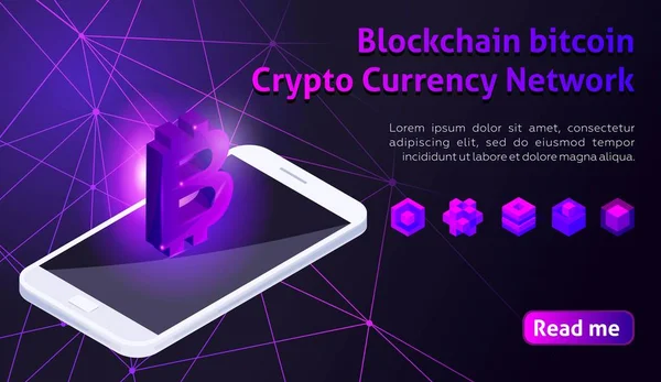 Isometrie pictogram Blockchain bitcoin Crypto Currency Network, analisten en managers werken op crypto start up, smartphone, tablet, kleurrijke achtergrond — Stockvector