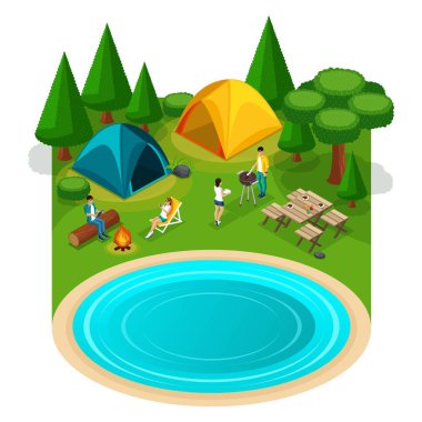 Hiking, Web sayfası ile hafta sonu arkadaşlar piknik kamp tatiliniz, vektör çizim izometrik sefer seyahat