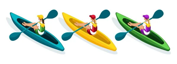 Isometry set of girls in canoe, kayaks, sports clothing, baseball caps, accessories, backpacks, outdoor activities — Stock Vector