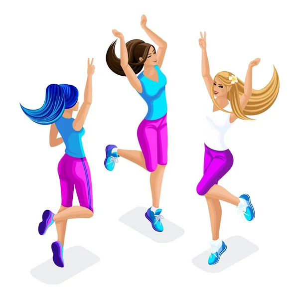 Isometrisch van een vriendin, fitness springen, rennen, voor- en achterkant uitzicht, mooie kapsels voor sport, kleding en sneakers set 1 — Stockvector