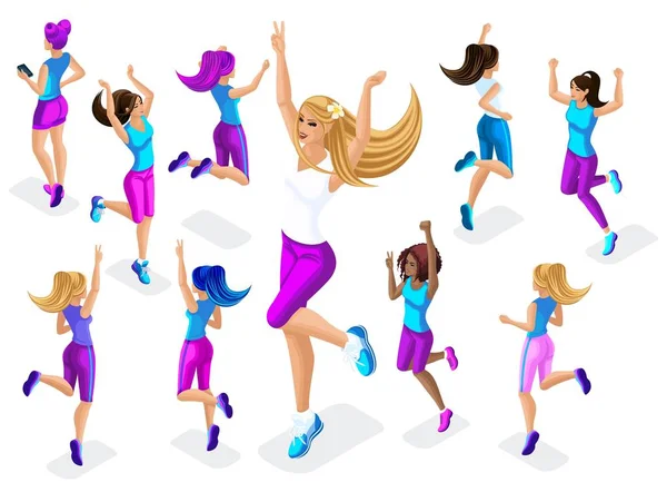 Isometrisch van een grote meid atleet tegen een achtergrond van kleine, fitness springen, rennen, voorzijde en achterzijde view, kleurrijke kleding en sneakers playing1 — Stockvector