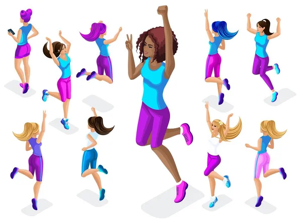 Izometrický velká holka sportovce na pozadí malých, jumping fitness, pobíhají, přední a zadní pohled, barevné oblečení a tenisky playing4 — Stockový vektor