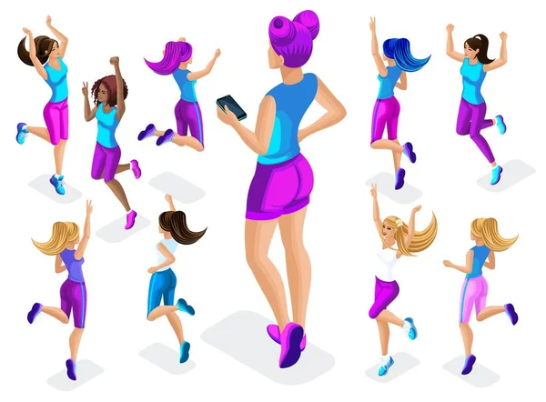 Izometrický velká holka sportovce na pozadí malých, jumping fitness, pobíhají, přední a zadní pohled, barevné oblečení a tenisky playing6 — Stockový vektor