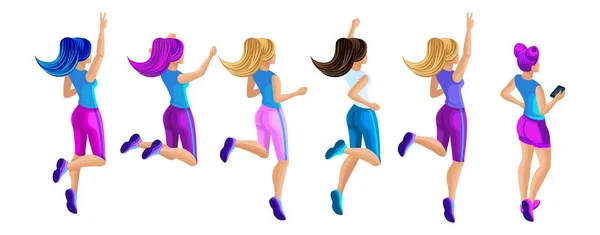 Isometric satu set besar gadis-gadis dalam pakaian olahraga, melompat, lari, berlari, bergembira, melihat ke belakang, rambut ekor, nyaman berjalan melompat - Stok Vektor