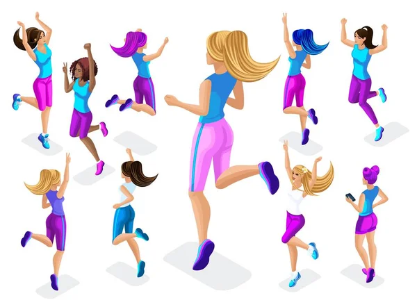 Изометрическая большая девочка атлет на фоне небольших, фитнес-прыжки, бег вокруг, вид спереди и сзади, красочные одежды и кроссовки играть spo7 — стоковый вектор
