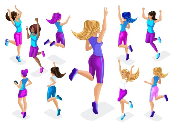 Isometrisch van een grote meid atleet tegen een achtergrond van kleine, fitness springen, rennen, voor- en achterkant weergave, kleurrijke kleding en sneakers spelen spo8 — Stockvector