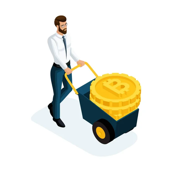 Isometric businessman carrying large gold coins Crypto Currency, Bitcoin concept of saving money. Vector illustration of a financial investor — Stock Vector