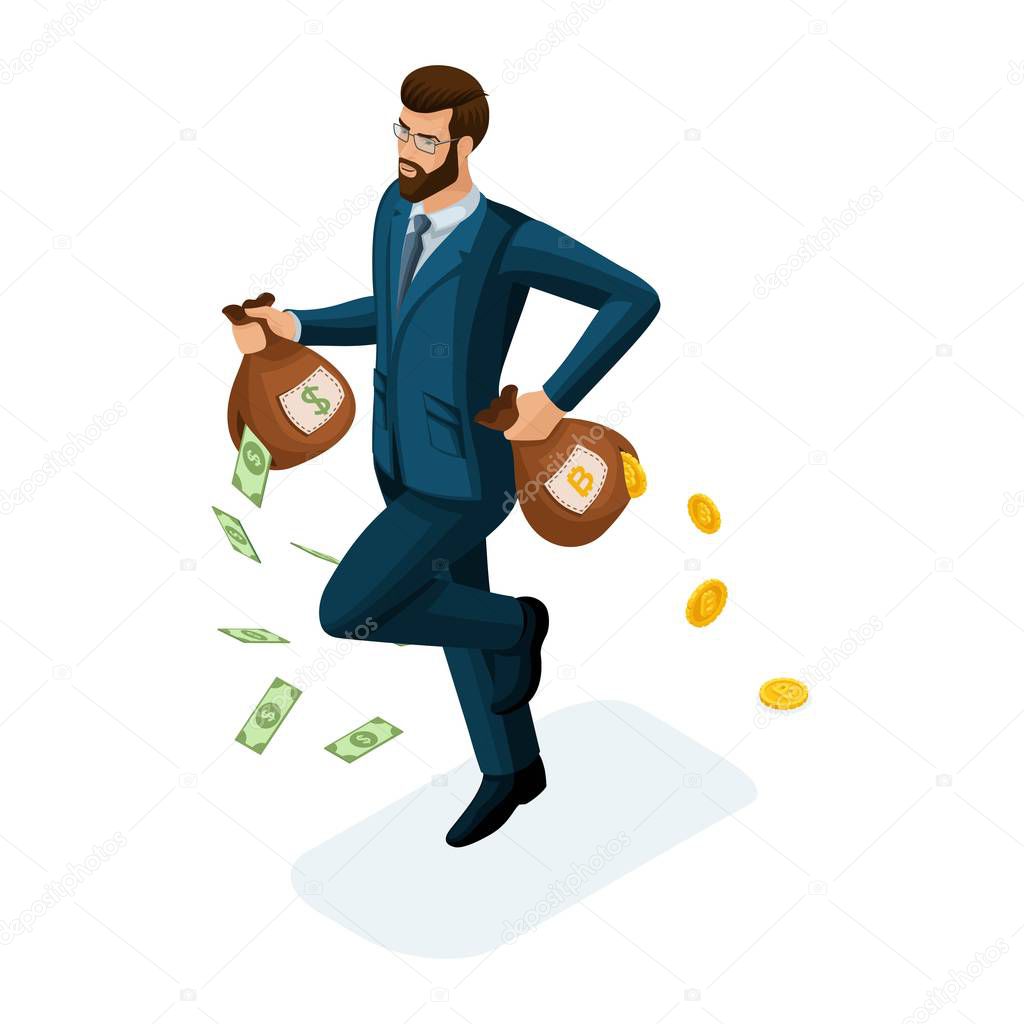 Isometric businessman runs, runs away, loses money, the concept of losing money trying to save investments. Vector illustration of a financial investor