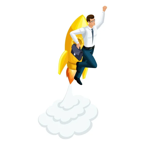 Isometric businessman pouring up, rocket flying upward, symbol of freedom and wealth, succeed, launch a startup ICO — Stock Vector