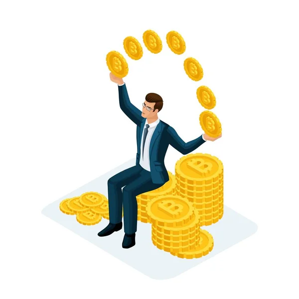 Ізометричного бізнесмен, сидячи на великі купу грошей і підкидаючи золота монети криптографічного валюти, Bitcoin. Векторні ілюстрації фінансового інвестора — стоковий вектор