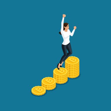 İzometrik iş kadını atlama büyük kar ICO blockchain cryptocurrency incelemesi, başlangıç proje izole vektör çizim sevinir