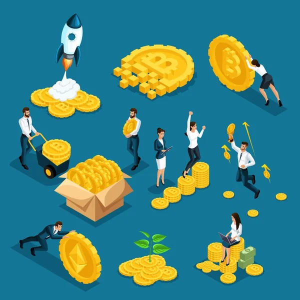 Isometrics icons investors, speculators with ico blockchain concept, safe bitcoin, cryptocurrency mining, startup project isolated vector illustration — Stock Vector