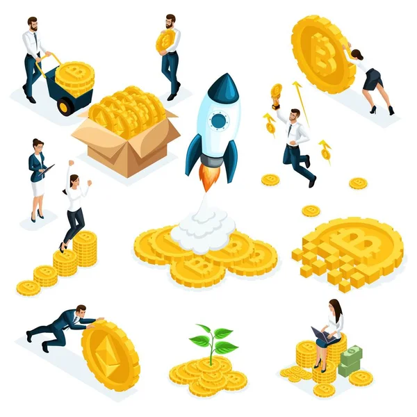 Isometrics businessmen, investors, speculators with ico blockchain concept, safe bitcoin, cryptocurrency mining, startup project isolated vector illustration — Stock Vector