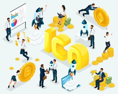 İzometrik iş kavramı ICO blockchain Infographic, cryptocurrency madencilik, başlangıç projesi, vektör çizim
