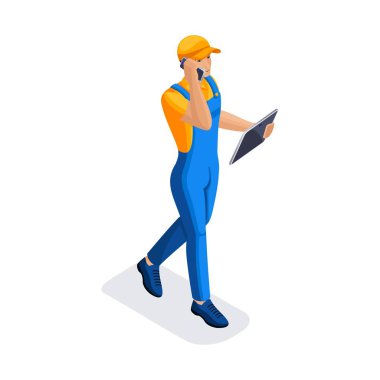 Malların teslim edilmesinden zaman yukarıya izometrik adam diyor. Hızlı teslimat van. Teslimatçı. 3D karakter duygu. Vektör çizim