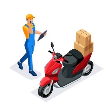 Teslimat hizmeti veya kurye servisi izometrik kümesidir. Teslimat işçi ya da kurye. Bir scooter üzerinde teslim. Kavram. Hızlı teslimat van. adam