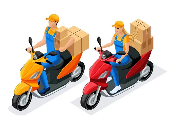 Isometric man and woman in uniform ride on scooters with cardboard boxes, the work of the delivery service. Delivery Concept. Fast delivery van. Delivery man — Stock Vector