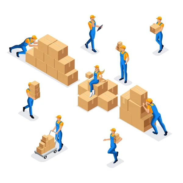 Isometrisk samling av arbetstagare i ett lager av en man och en kvinna i uniform med pappkartonger, arbete av en lager och leverans service — Stock vektor