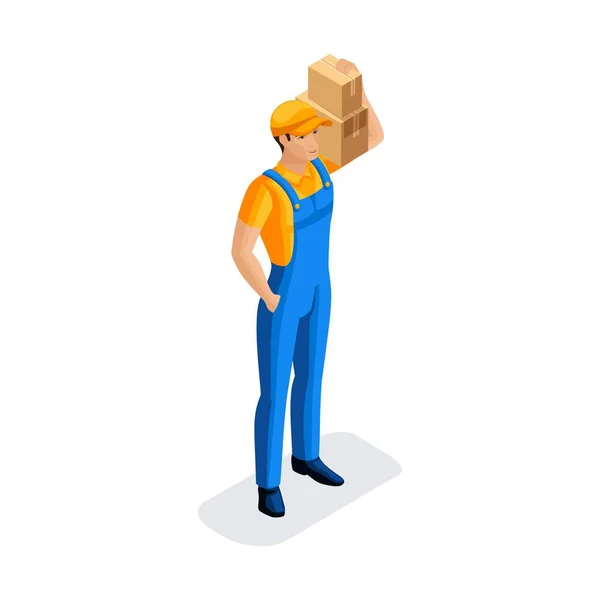 Sometric mannen i uniform håller många kartonger med beställningar. Snabb leverans van. Leverans mannen. 3D-karaktär av känslor. Vektorillustration — Stock vektor