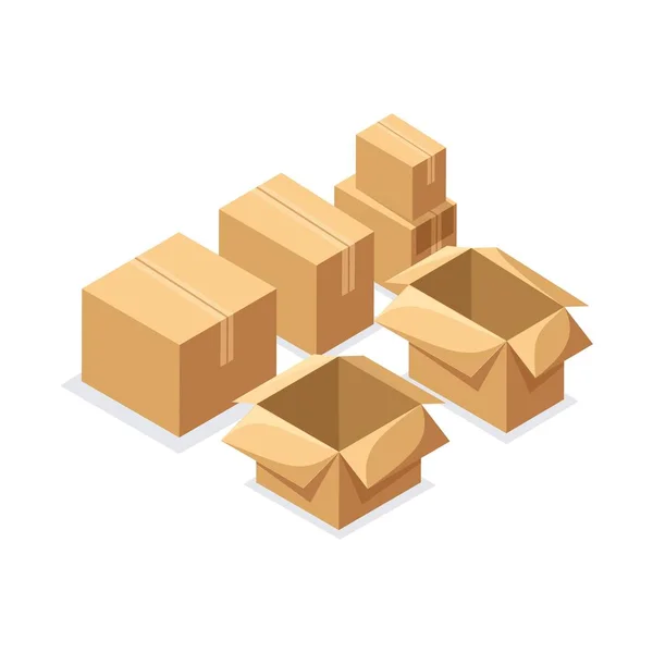 Isometry A set of cardboard boxes of various shapes, closed and open boxes. Set for use in delivery and warehouse concepts — Stock Vector