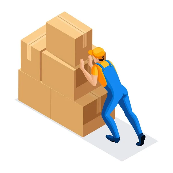 Isometric man in uniform pushes a large mountain of cardboard boxes, rear view. Warehouse Concept. 3D character of emotion. Vector illustration — Stock Vector