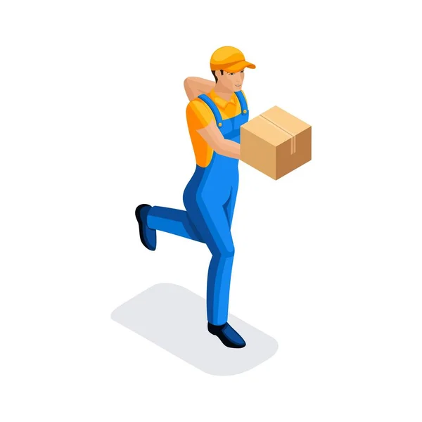 Isometric man in uniform is running delivering an order in a cardboard box. Delivery Concept. Fast delivery van. Delivery man. 3D character of emotion. Vector — Stock Vector