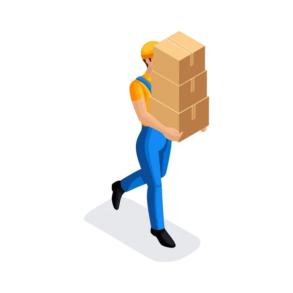 Isometric man in uniform has many cardboard boxes with orders. Fast delivery van. Delivery man. 3D character of emotion. Vector illustration — Stock Vector