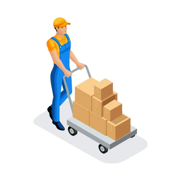 Isometric man in uniform gains goods in the warehouse for further delivery. Warehouse Concept. 3D character of emotion. Vector illustration — Stock Vector