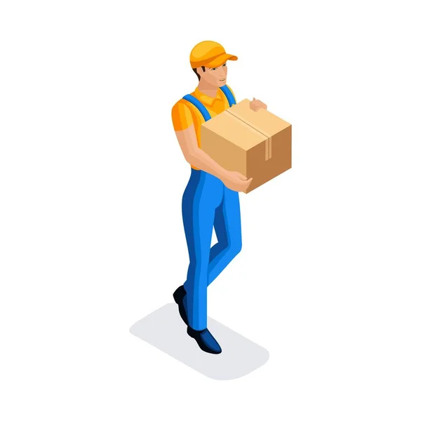 Isometric man carries a cardboard box, a courier, food delivery to the office. Fast delivery van. Delivery man. 3D character of emotion. Vector illustration — Stock Vector