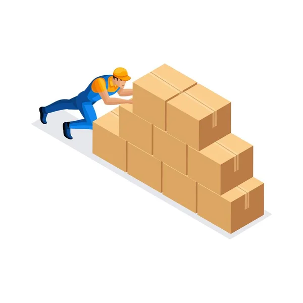 Isometric man delivery service pushes large cardboard boxes in stock man in uniform. Delivery Concept. Fast delivery van. Delivery man — Stock Vector