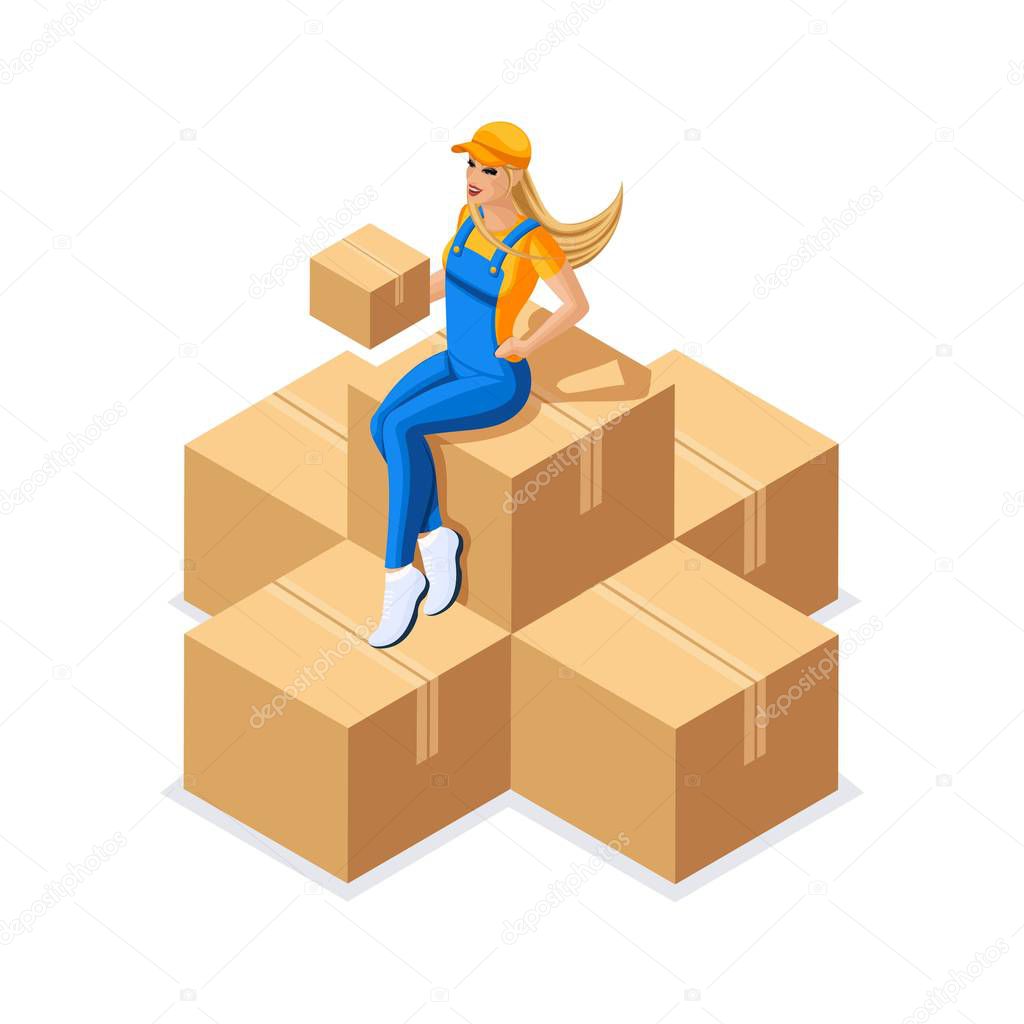 Isometry girl in uniform sits on a large pile of cardboard boxes with orders. Warehouse Concept. 3D character of emotion. Vector illustration