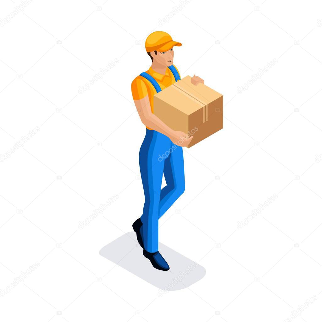 Isometric man carries a cardboard box, a courier, food delivery to the office. Fast delivery van. Delivery man. 3D character of emotion. Vector illustration