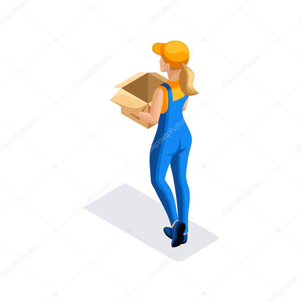 Isometric girl carries a cardboard box for the goods in the warehouse. Delivery Concept. Fast delivery van. Delivery man